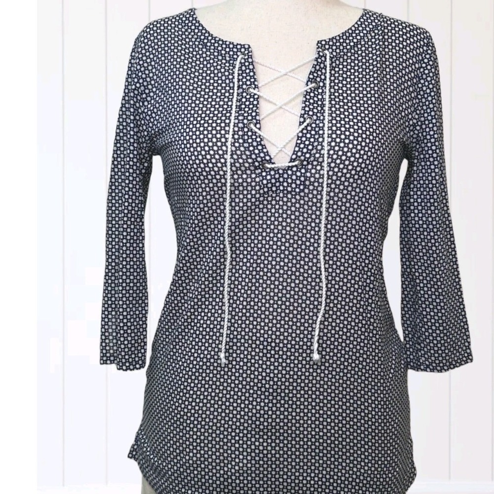 Gap Womens Navy Blue Starburst Print Lace Up Neck Cotton Top Size M